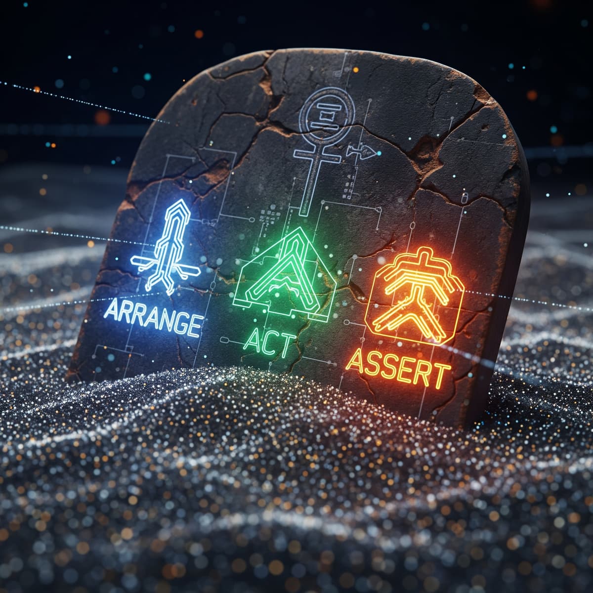 AAA Arrange, Act, Assert glowing glyphs engraved on a stone tablet, symbolizing the testing axiom alongside BDD principles