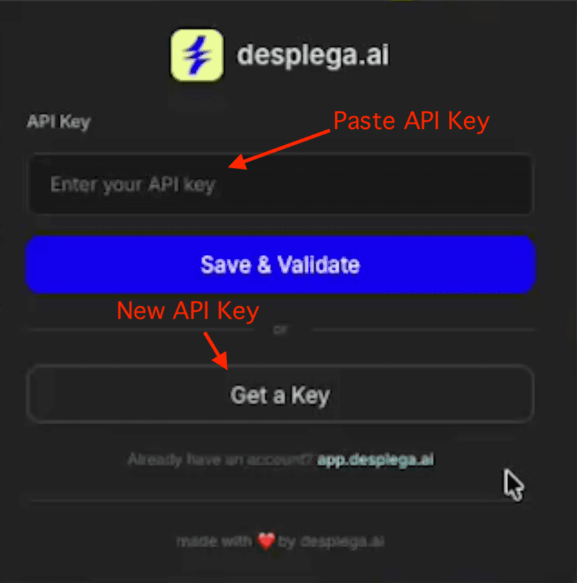 API key setup interface showing input field, Save & Validate button, and Get a Key button