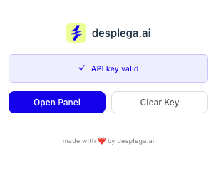 Chrome extension interface showing the Open Panel option to launch desplega.ai Vibe QA in a new tab