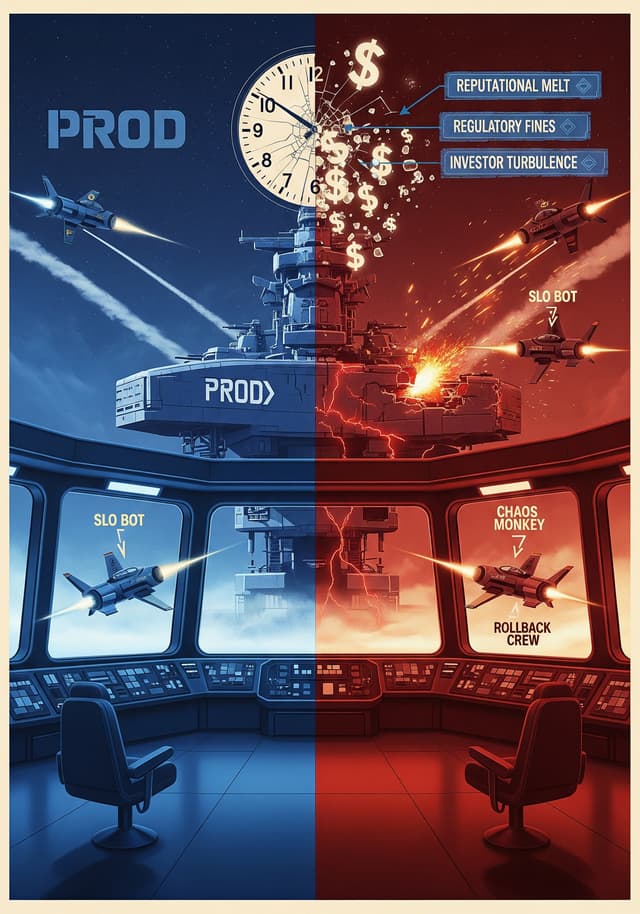 Star Wars-style poster showing X-wing fighters attacking a damaged PROD Death Star with cracks and red lights, representing production outages and the battle between QA teams and system failures