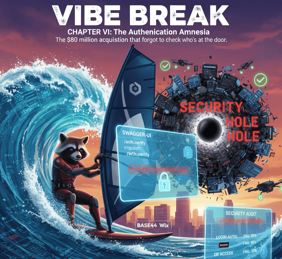 Vibe Break Chapter VI: The Authentication Amnesia - Base44 security vulnerability showing authentication bypass risks in AI-generated applications
