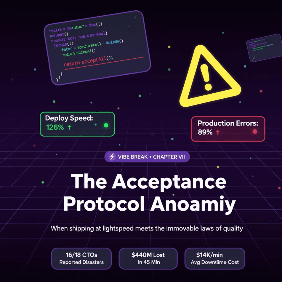 Vibe Break Chapter VII: The Acceptance Protocol Anomaly - Infographic showing deploy speed vs production errors, with warning indicators and cost data for testing vibecoded applications