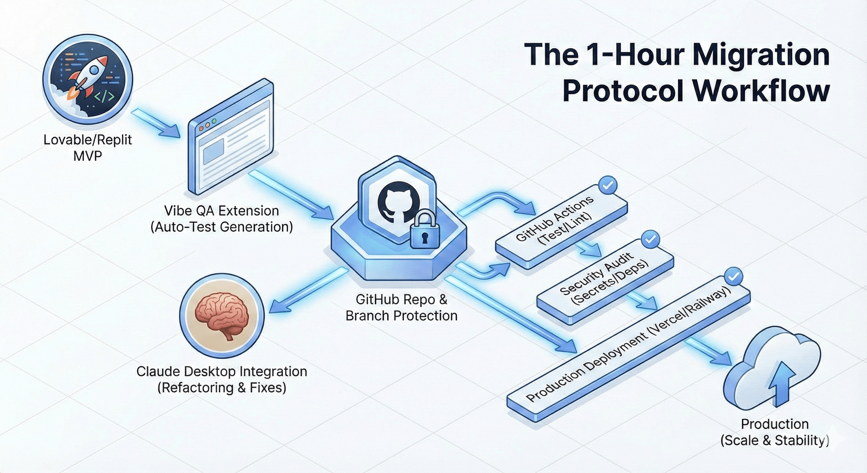 Migration Journey from Vibecoded MVP to Scale Operations - Visual illustration showing the transformation from rapid development on Lovable/Replit (left side with colorful organic structure) to enterprise-scale operations on GitHub (right side fortress), connected by a bridge representing secure migration with testing and quality gates