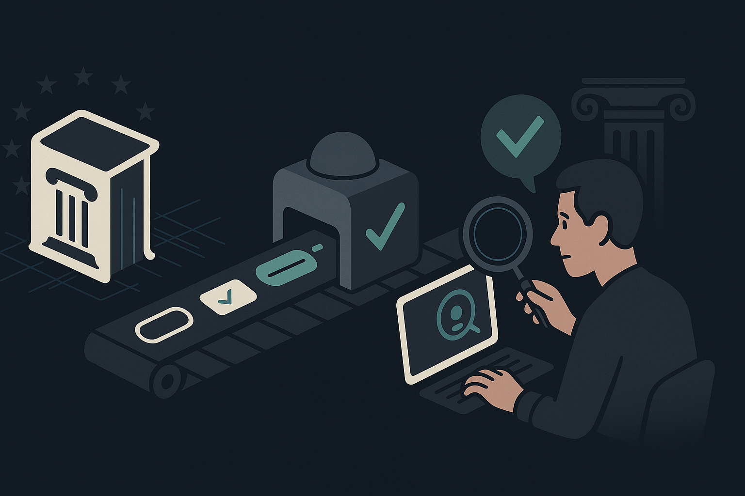 Digital compliance workflow illustration showing institutional authority, automated processing via conveyor belt, and human review process with quality assurance checkmarks