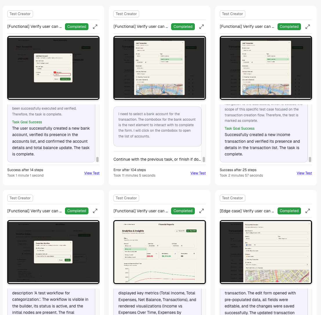 Animated demonstration of a Desplega.ai agent interacting with a node-based flow editor built using React Flow. The gif shows test actions being performed and assertions being validated on the workflow builder UI.