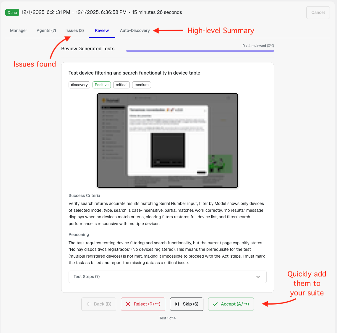 Autodiscovery run, with 7 test cases, 3 issues found, and a swipe experience.