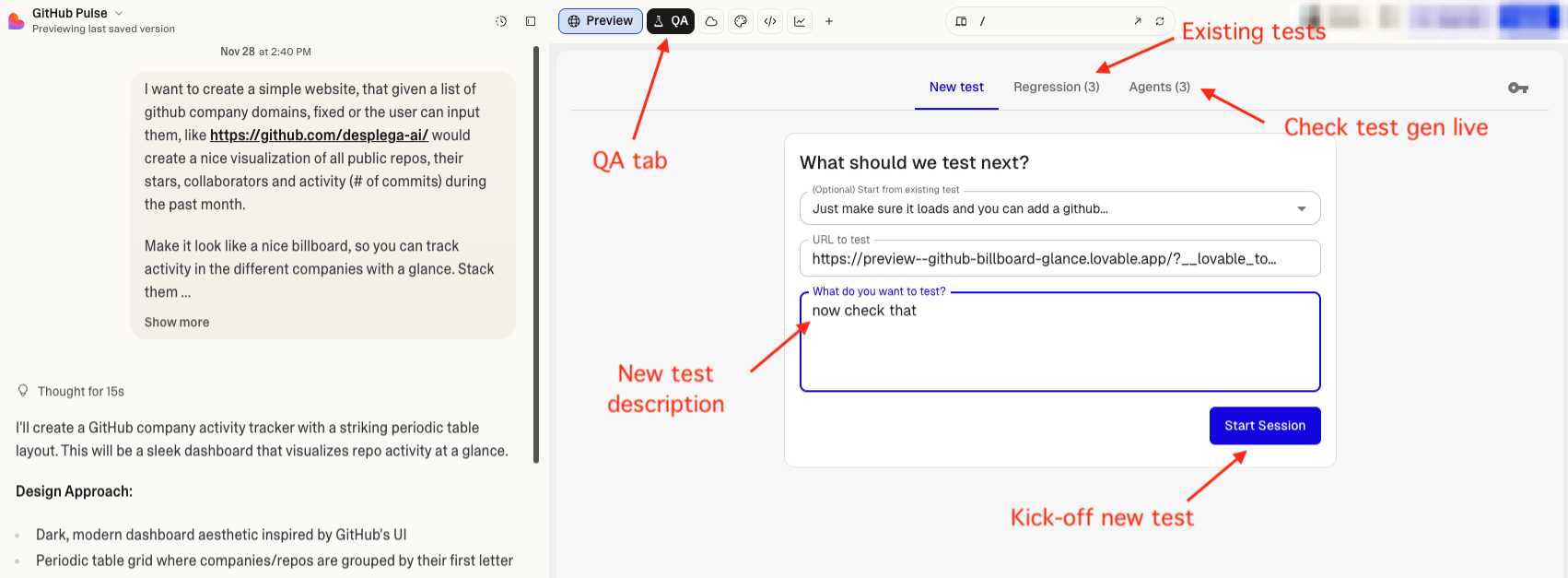 A QA tab embedded in your lovable.dev experience.