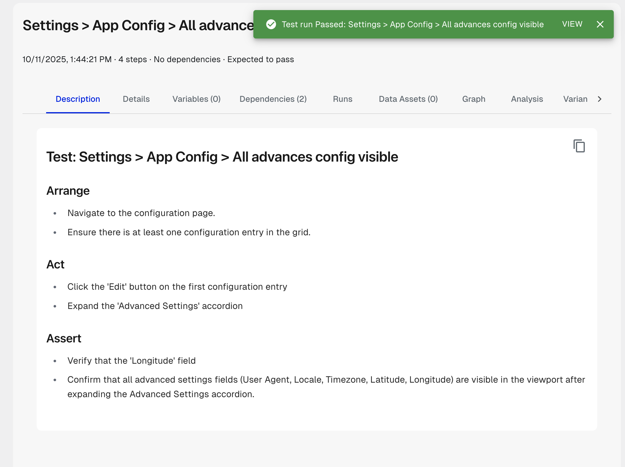 Desplega.ai agent analysing and expressing a test in an Arrange-Act-Assert format.